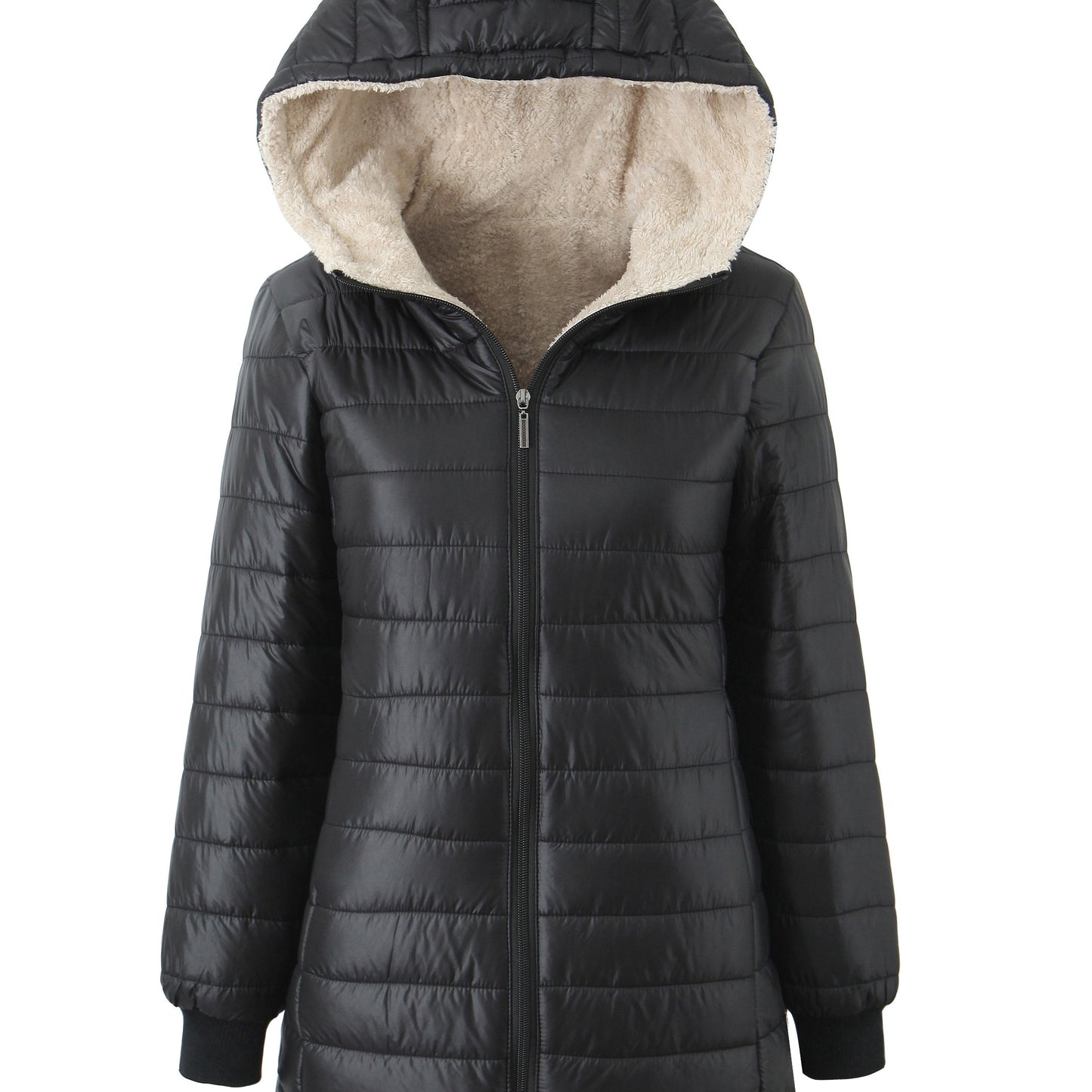 Vienna-Rose | Veste Matelassée Femme Noire à Capuche, Fermeture Zippée et Doublure Polaire Chaude
