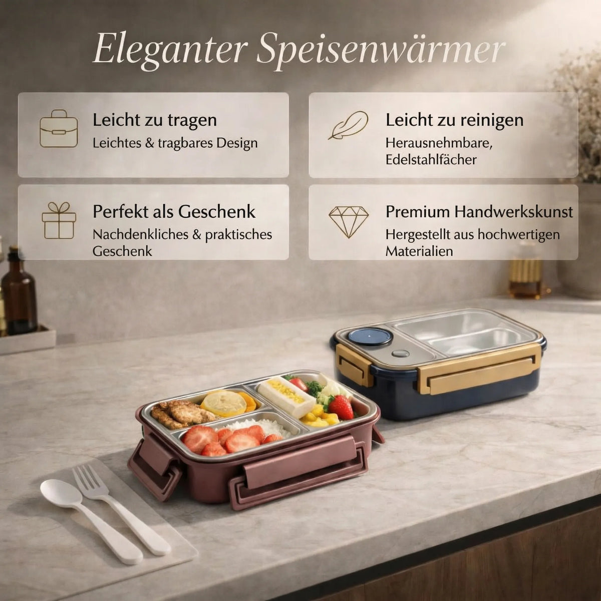 MealNest™ | Lunchbox mit Edelstahlfächern und separatem Saucenbehälter