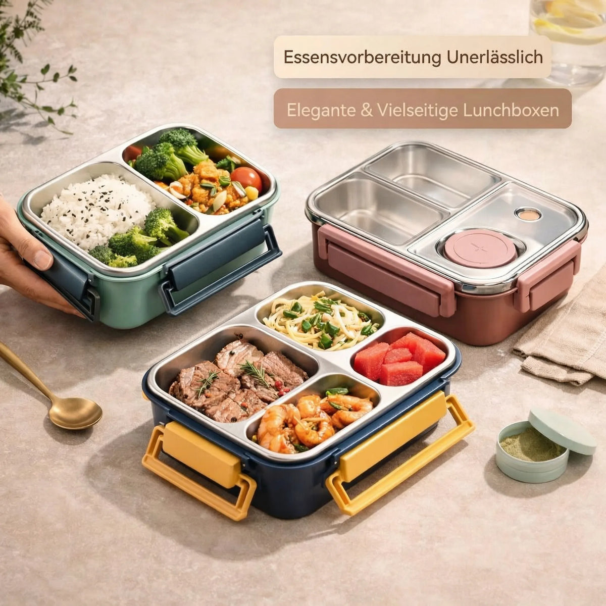 MealNest™ | Lunchbox mit Edelstahlfächern und separatem Saucenbehälter