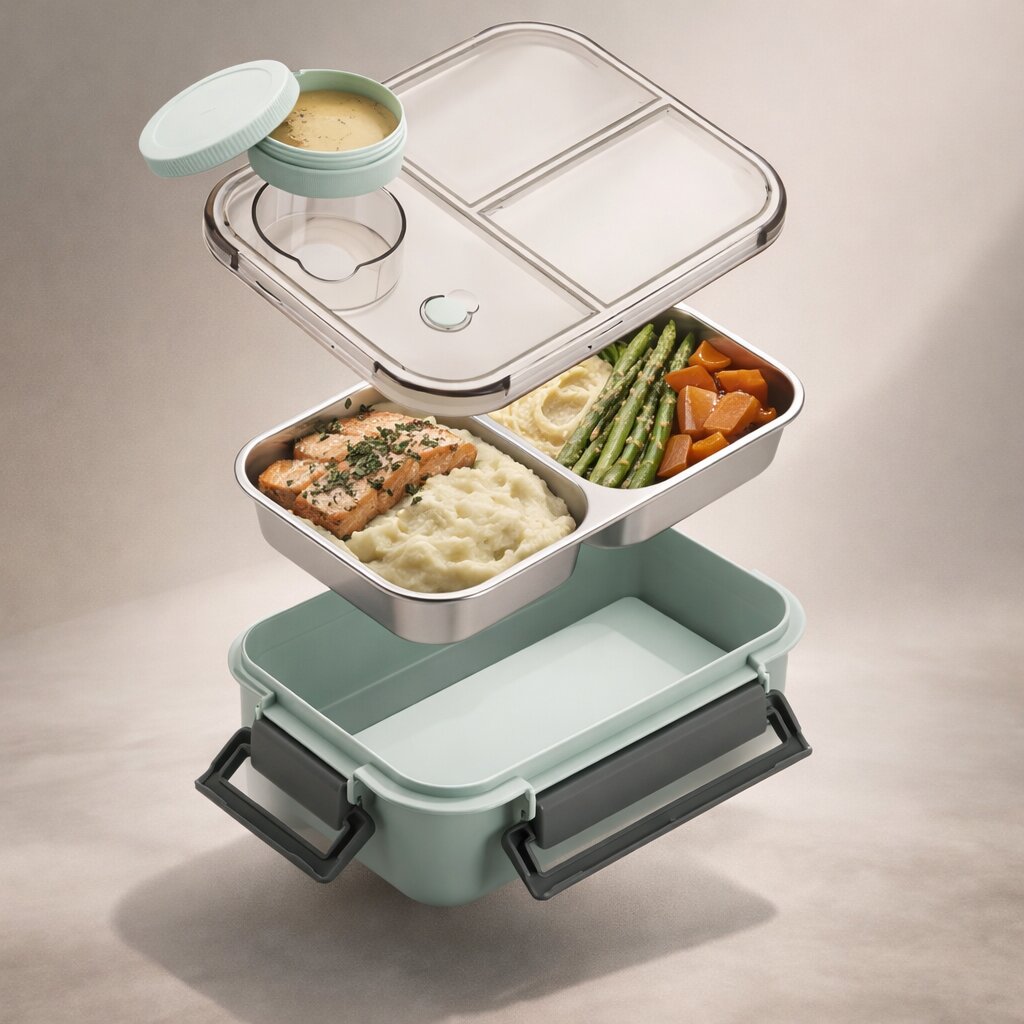 MealNest™ | Lunchbox mit Edelstahlfächern und separatem Saucenbehälter