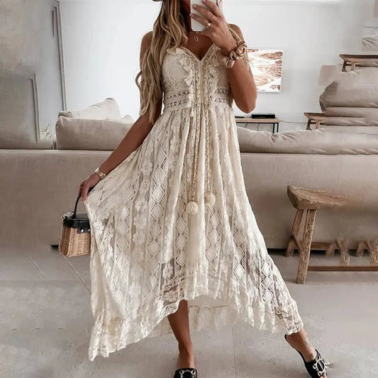 Naissette | Robe Maxi d'Été Sans Manches à Col V Profond en Dentelle Boho