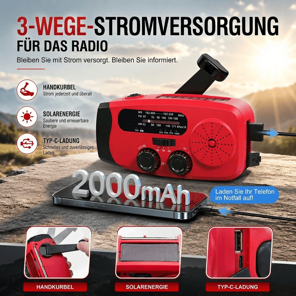 SolarKurbel™ | Notfallradio mit Solarladung, Taschenlampe und SOS-Funktion