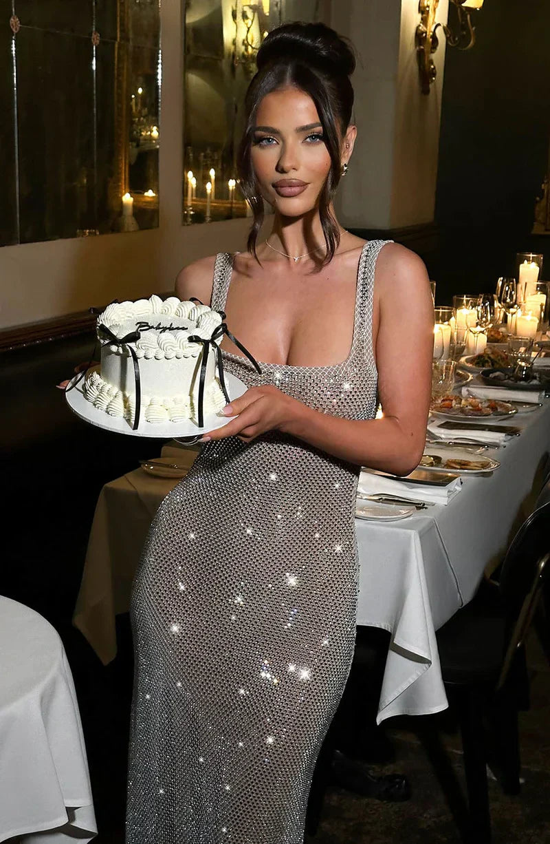 Robe maxi brillante et ajustée sans manches — élégante pour soirées, galas & événements