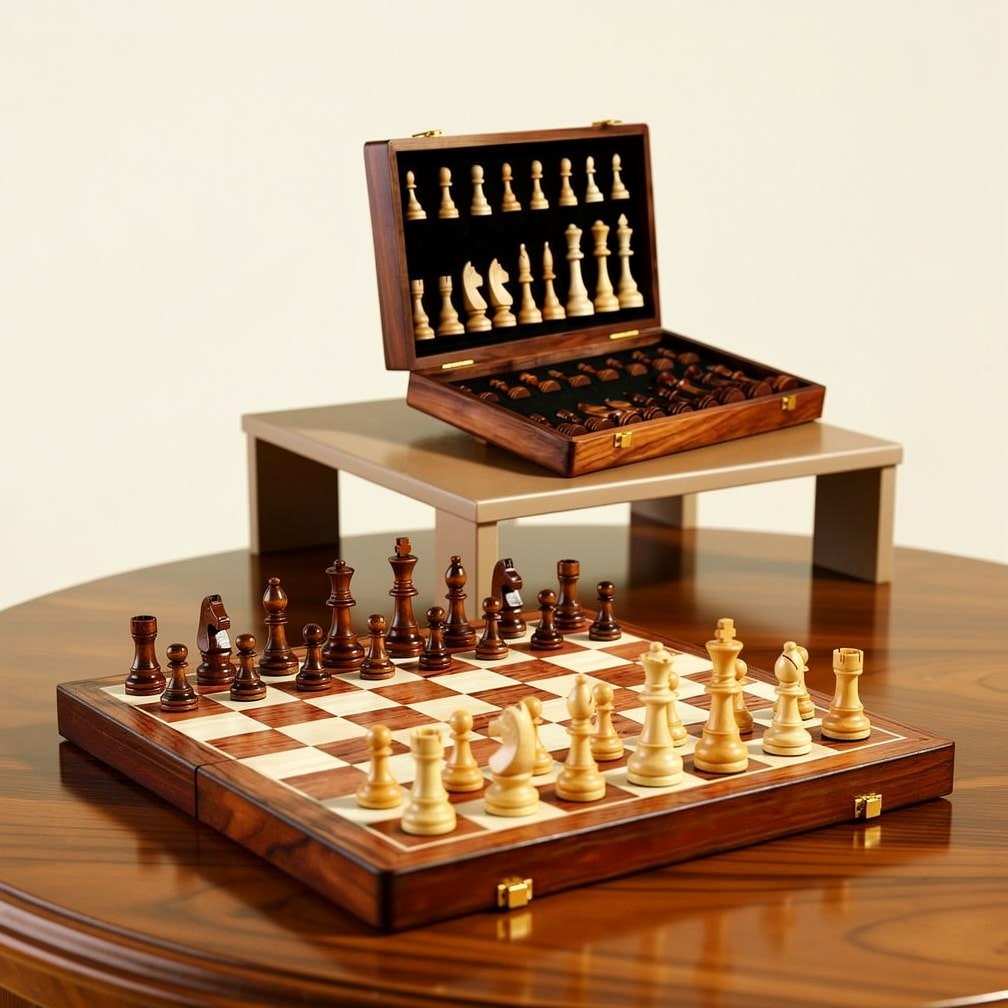 WoodenMate™ | Faltbares Holzschachspiel mit handgefertigten Figuren