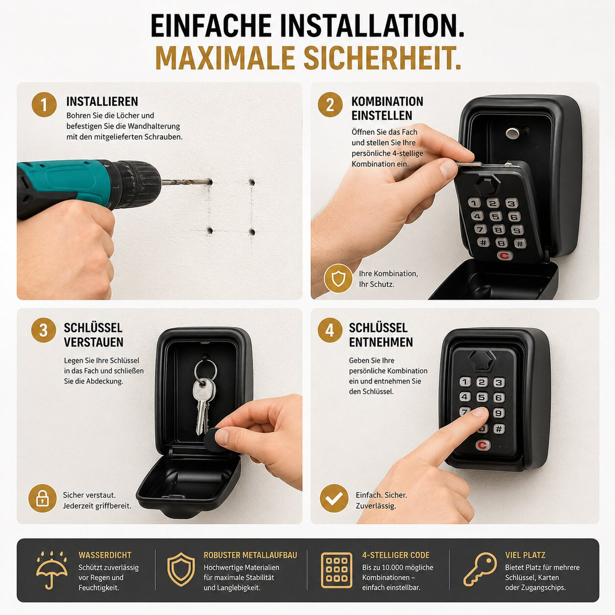 KeyVault™ | Schlüsselsafe mit Zahlencode für Innen- und Außenbereiche