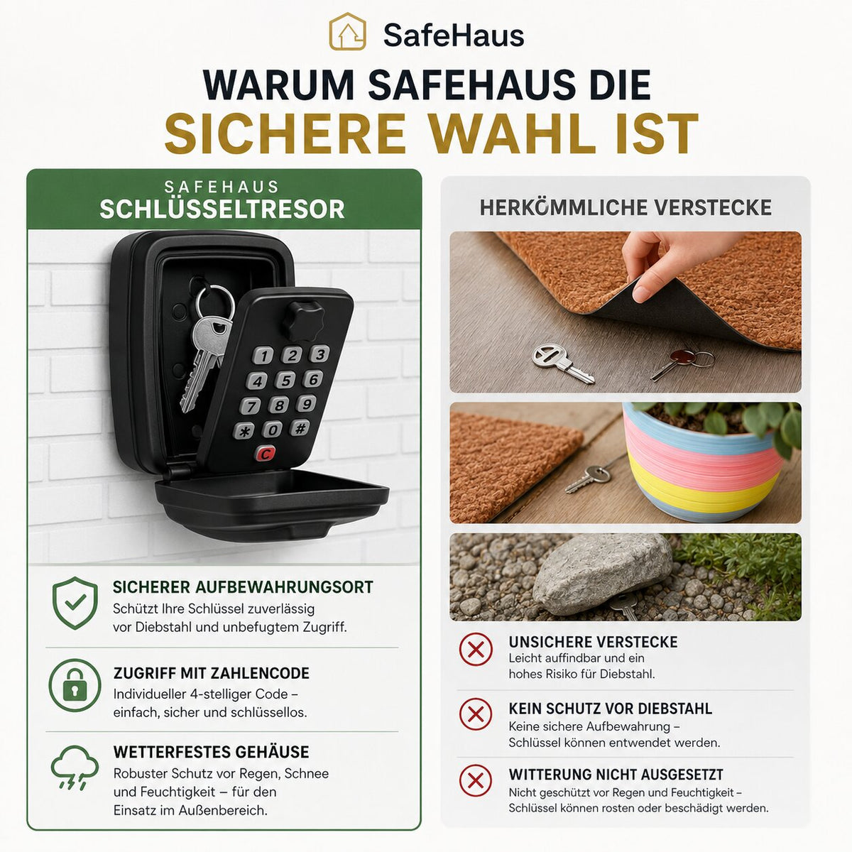KeyVault™ | Schlüsselsafe mit Zahlencode für Innen- und Außenbereiche