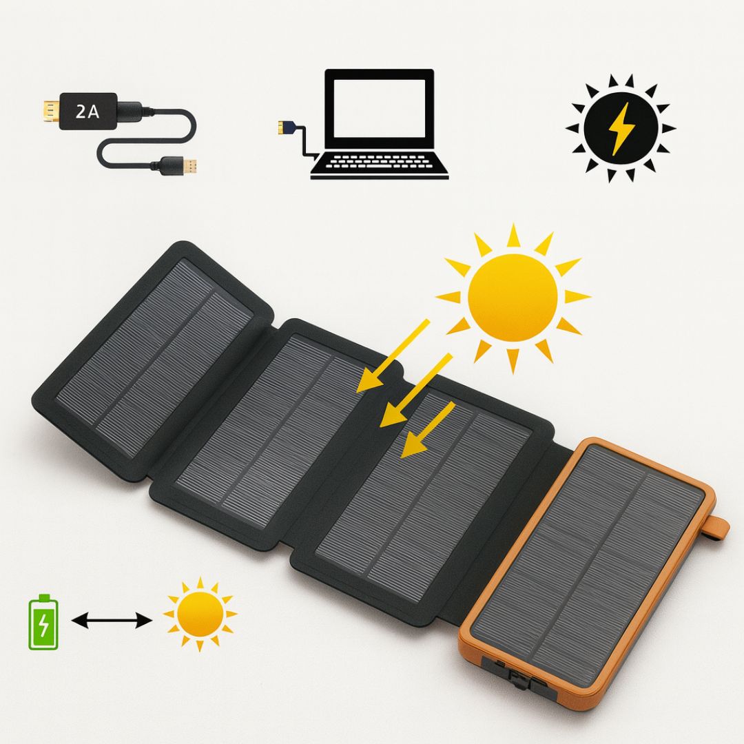 SolarKraft™ | Solar-Powerbank 20.000 mAh mit 4 Solarpanels und LED-Taschenlampe