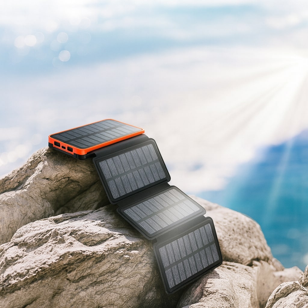 SolarKraft™ | Solar-Powerbank 20.000 mAh mit 4 Solarpanels und LED-Taschenlampe