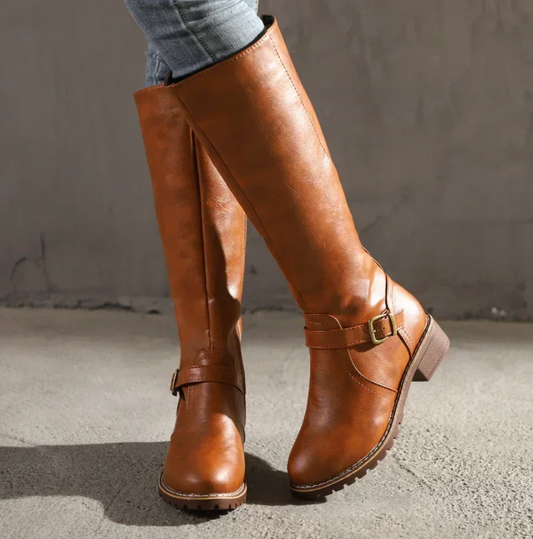Olivie | Bottes Hautes Femme avec Bride et Petit Talon Bloc