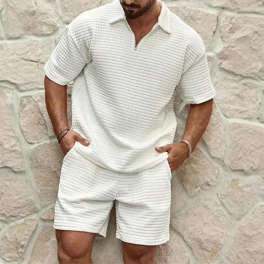 Zeno | Ensemble Été Homme Uni – Haut Zippé à Col Revers & Short Texturé avec Poches Latérales